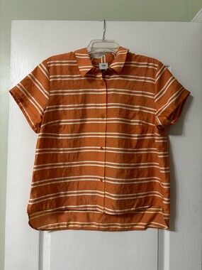 CAbi Camp Shirt.  Orange and White Striped Short-Sleeve Button-Down Shirt.